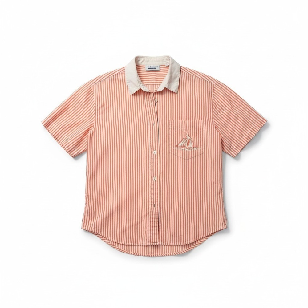 Ilio Orange White Striped Short Sleeve Button Down, Women's Small Shirt Sailboat